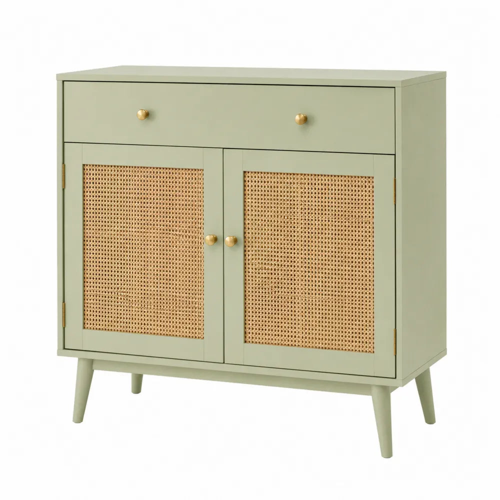 Credenza buffet legno verde con ante in rattan 100x40x90 cm
