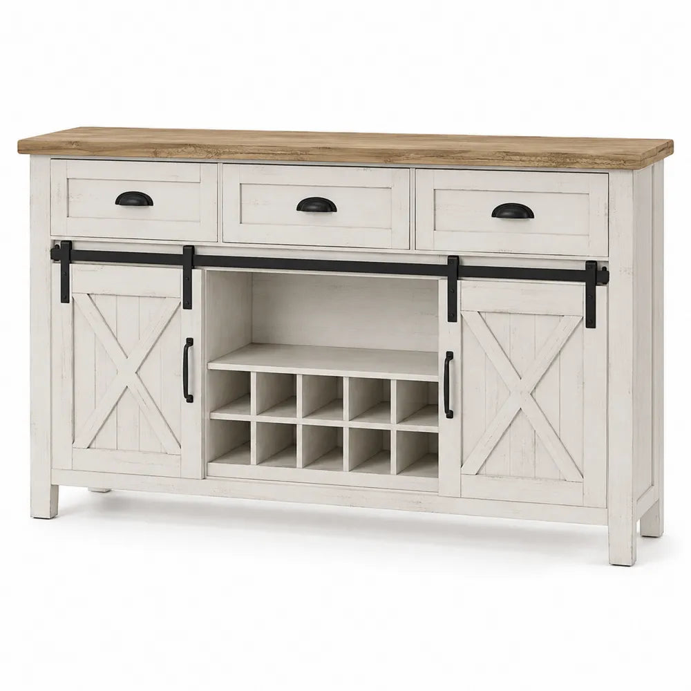 Credenza in Legno di Pino con Top in Rovere e Ante Scorrevoli, Bianco