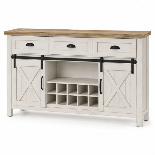 Credenza in Legno di Pino con Top in Rovere e Ante Scorrevoli, Bianco