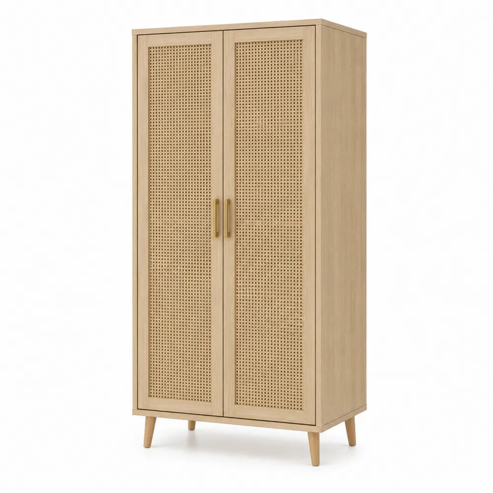 Armadio in Legno di Quercia e Rattan Naturale 180x80x50 cm