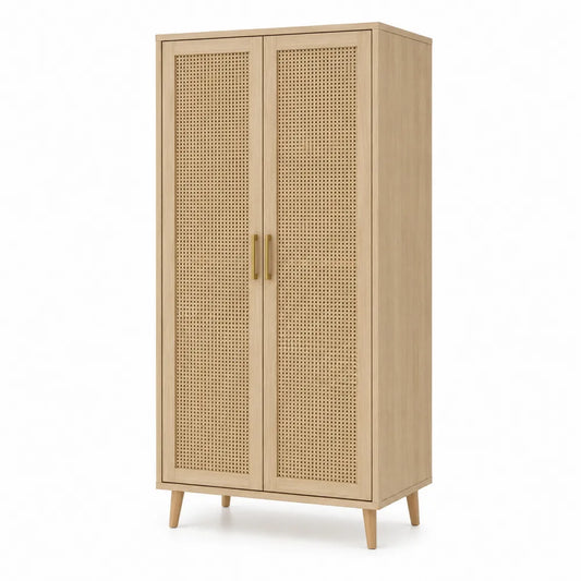 Armadio in Legno di Quercia e Rattan Naturale 180x80x50 cm