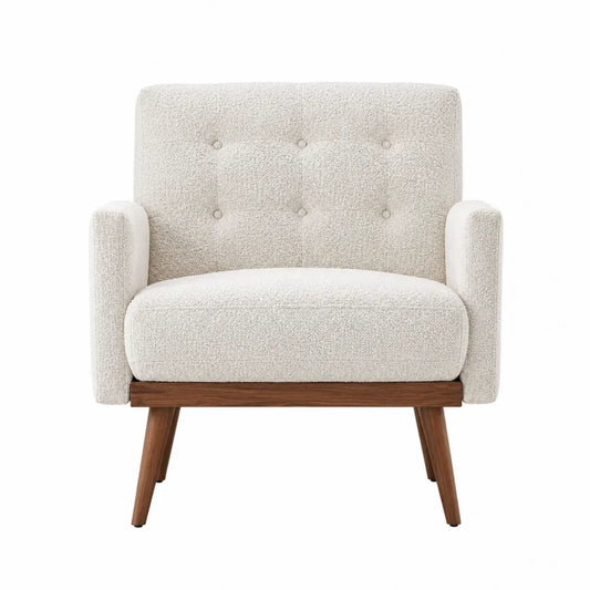 Poltrona in tessuto bouclé crema con struttura in legno