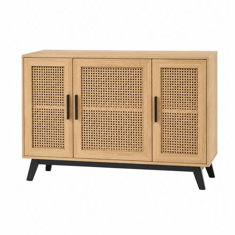 Credenza in Legno di Rovere e Rattan con Gambe in Acciaio 80x120x40 cm