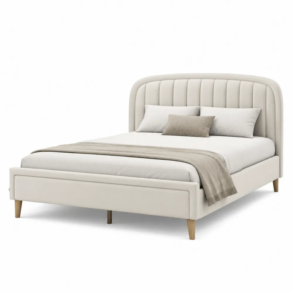 Letto matrimoniale in tessuto beige con gambe in legno di faggio