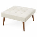 Poggiapiedi Quadrato in Tessuto Beige con Gambe in Legno