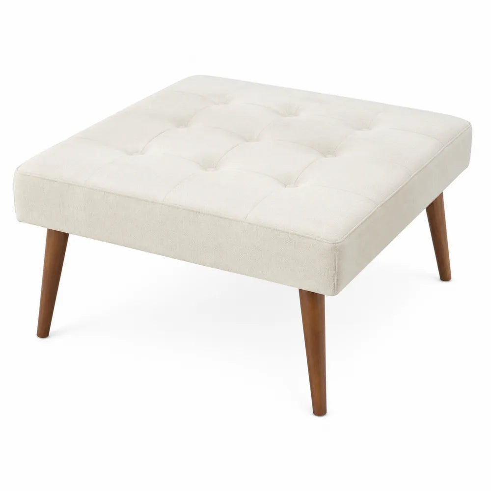 Poggiapiedi Quadrato in Tessuto Beige con Gambe in Legno