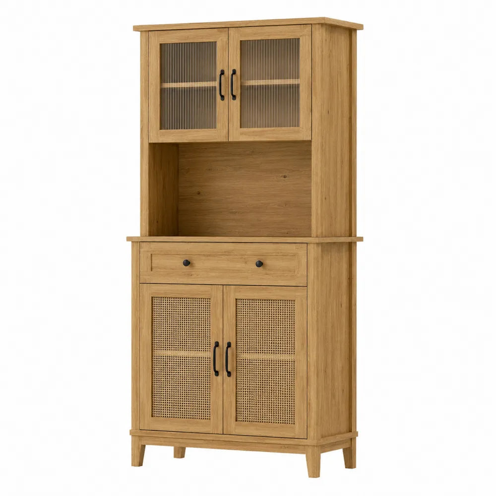 Credenza in legno con vetro scanalato e ante in rattan