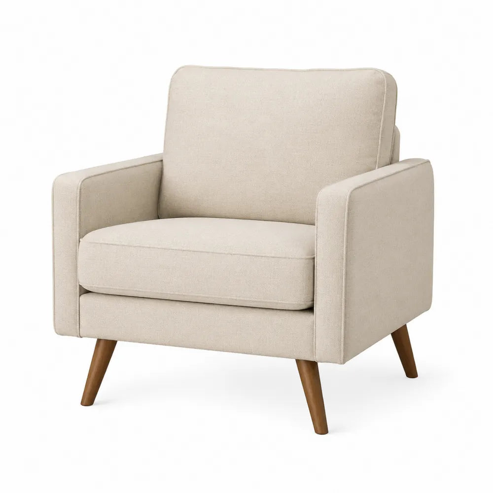 Poltrona in Tessuto di Lino Beige con Gambe in Legno