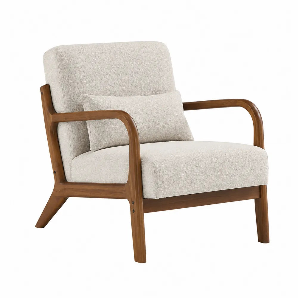 Poltrona in legno di noce e tessuto beige con cuscino