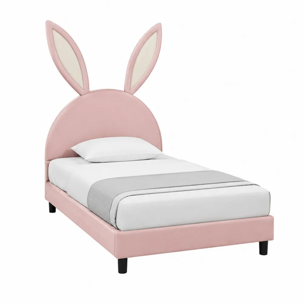 Letto singolo bambini con testiera orecchie di coniglio in legno e PU rosa