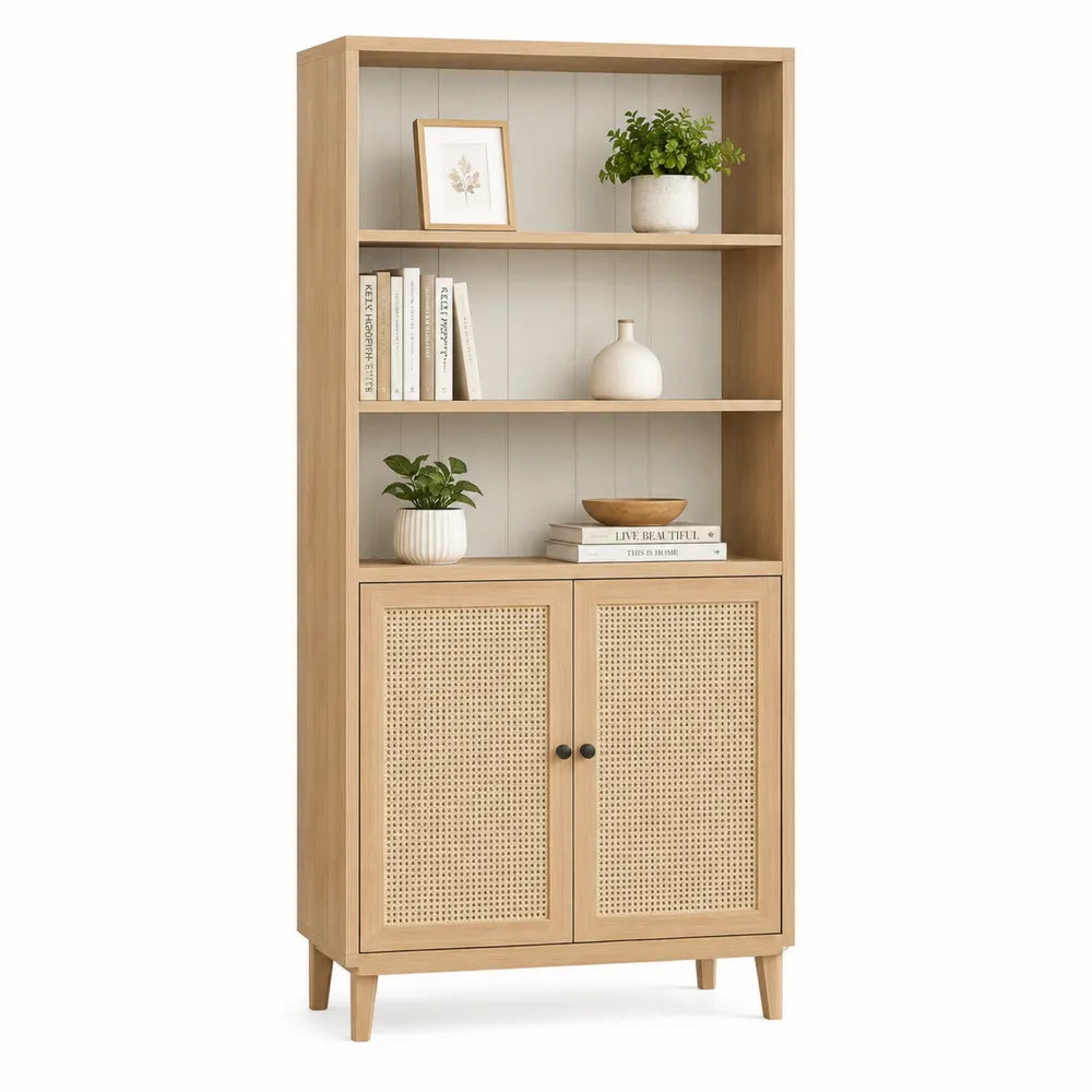 Libreria in Legno e Rattan Naturale