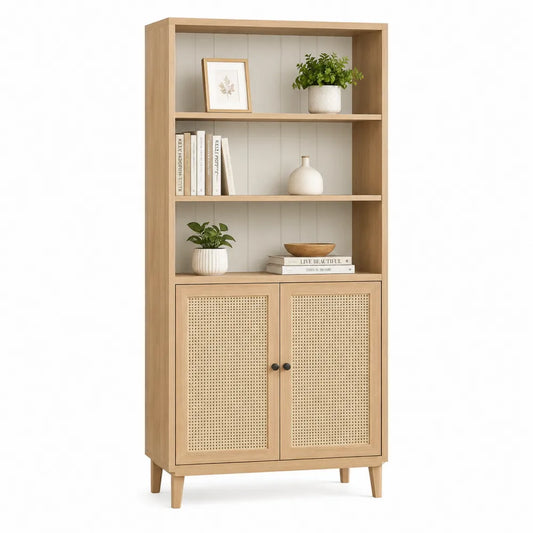 Libreria in Legno e Rattan Naturale