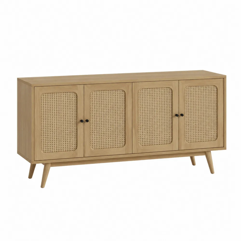 Credenza in Legno con Ante in Rattan Naturale 4 Ante