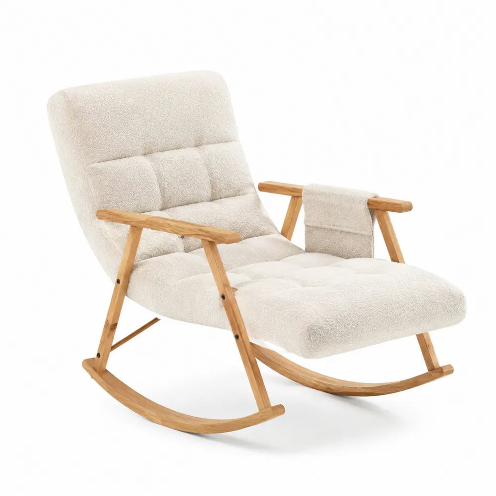 Sedia a dondolo in tessuto bouclé beige e legno di faggio