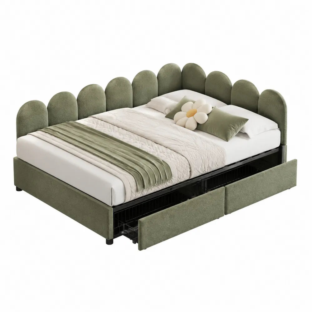 Letto matrimoniale in tessuto verde con cassetti estraibili